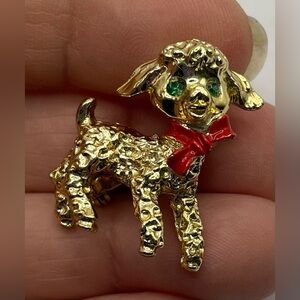 3 for $30 Vintage Lamb Gold Tone Brooch Pin Green Crystal Eyes Red Enamel Bow